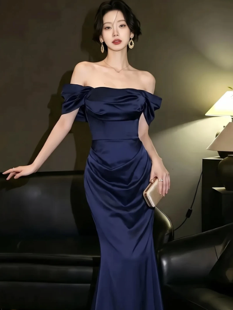 Retro Navy Silky Satin Strapless A-Line Long Prom Dress Birthday Dress Ball Gown YM2648