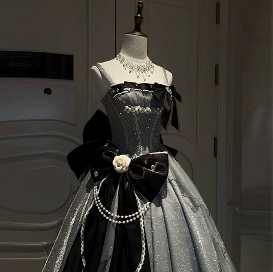 Refined Sliver Satin Glitter Puffy Strapless A-line Long Prom Dress Birthday Dress Ball Gown YM2676