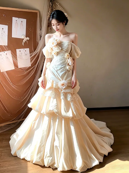 Sparkly Champagne Ruffled Applique Off-the-shoulder A-Line Long Prom Dress Birthday Dress YM2590