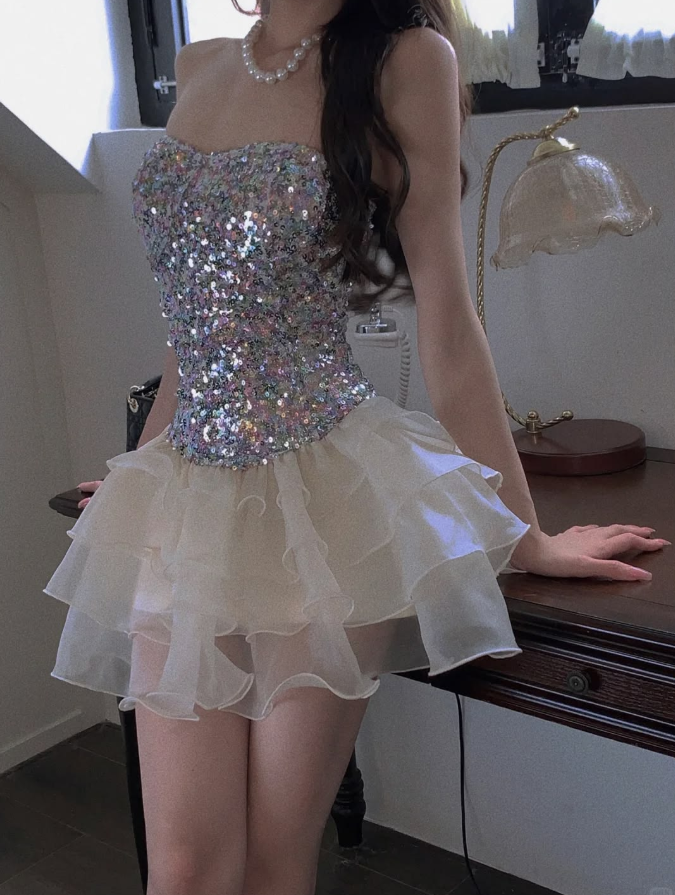 Sparkly Sliver Sequins Puffy Strapless A-Line Short Prom Dress Party Dress YM2558