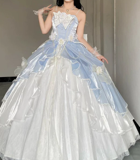 Stunning Pale Blue Silky Applique Puffy Strapless A-line Long Prom Dress Birthday Dress Ball Gown YM2677