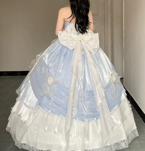 Stunning Pale Blue Silky Applique Puffy Strapless A-line Long Prom Dress Birthday Dress Ball Gown YM2677