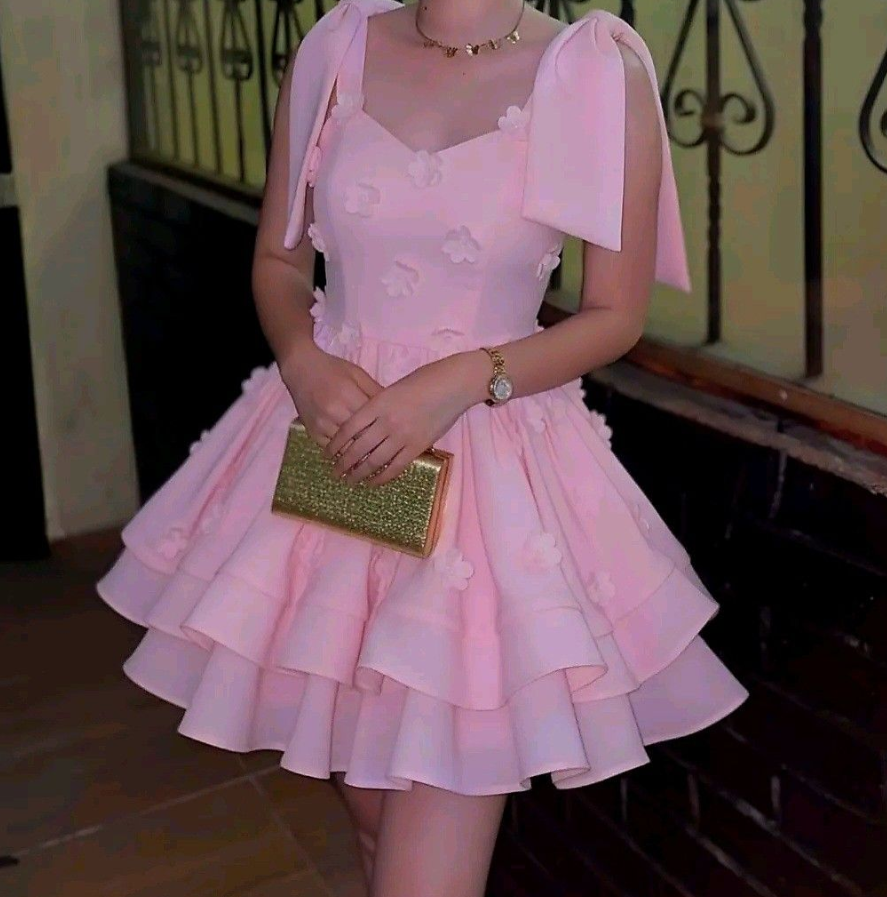 Sweet Pink Chiffon Ruffled Spaghetti Straps A-Line Short Prom Dress Party Dress YM2559