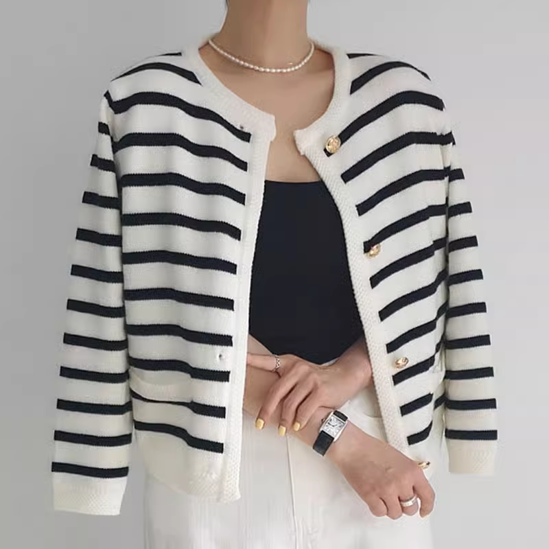 Retro black and white striped knitted cardigan jacket YM414