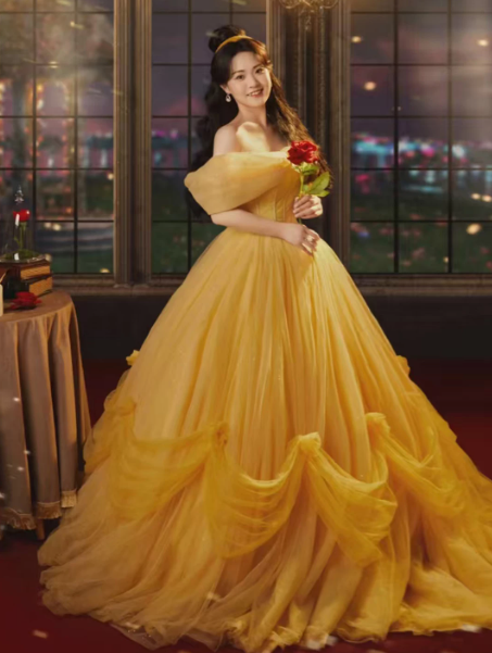 Vibrant Yellow Tulle Puffy Bateau A-Line Long Prom Dress Birthday Dress Ball Gown YM2650