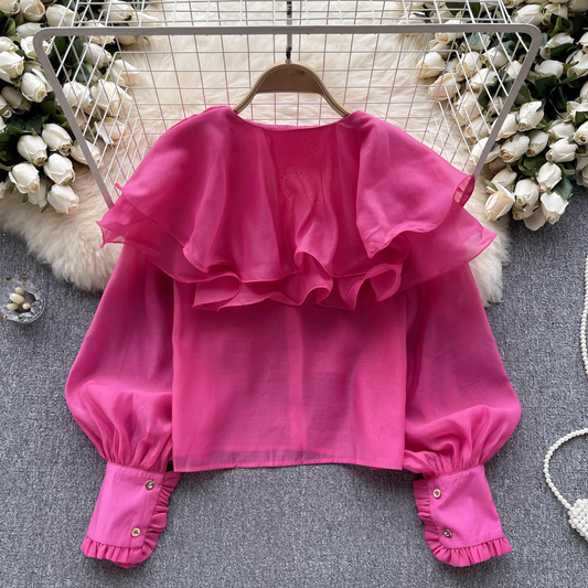 Women's autumn ruffled mesh shirt with lantern sleeves blouses YM492