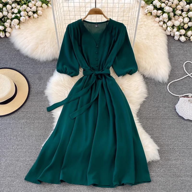 chic retro solid color ruffled mid-length square neck dress ,YM210