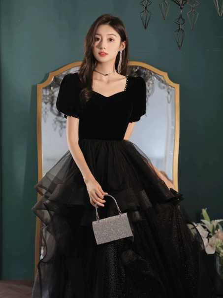 Dreamy Black Ruffled Tulle Square-neck A-Line Long Prom Dress Birthday Dress YM2595