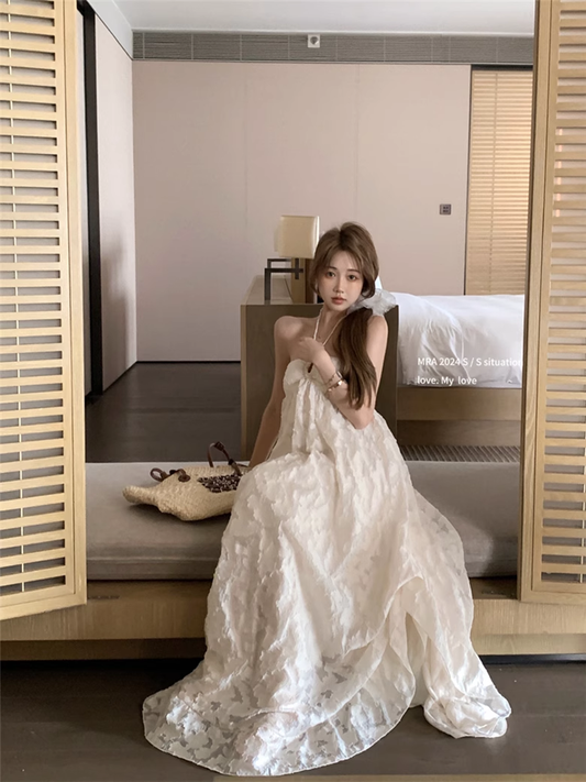 French Style White Halter Neck Dress Seaside Holiday Style Long Backless Dress YM2107