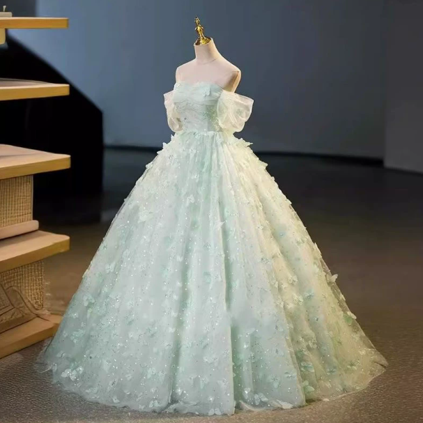 Dreamy Mint Green Applique Tulle Bateau A-Line Long Prom Dress Birthday Dress YM2596