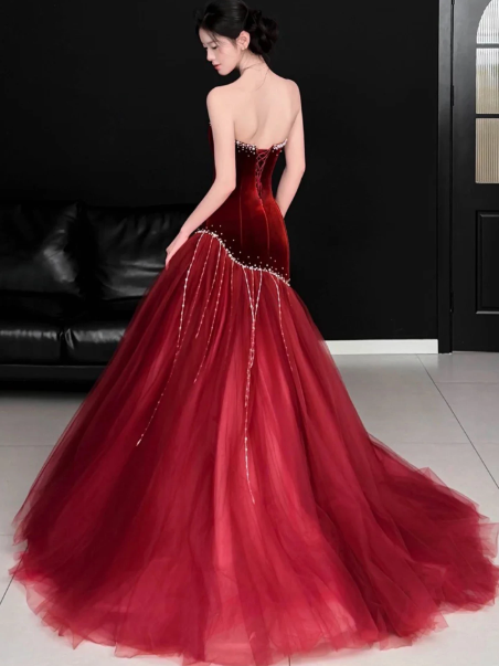 Gorgeous Burgundy Satin Silky Beaded Strapless A-Line Long Prom Dress Evening Dress Ball Gown YM2654