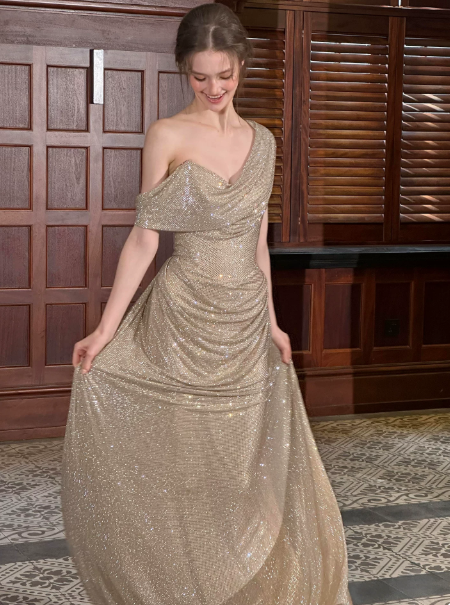 Stunning Sliver Slim Glitter One-shoulder A-line Long Prom Dress Birthday Dress Ball Gown YM2680
