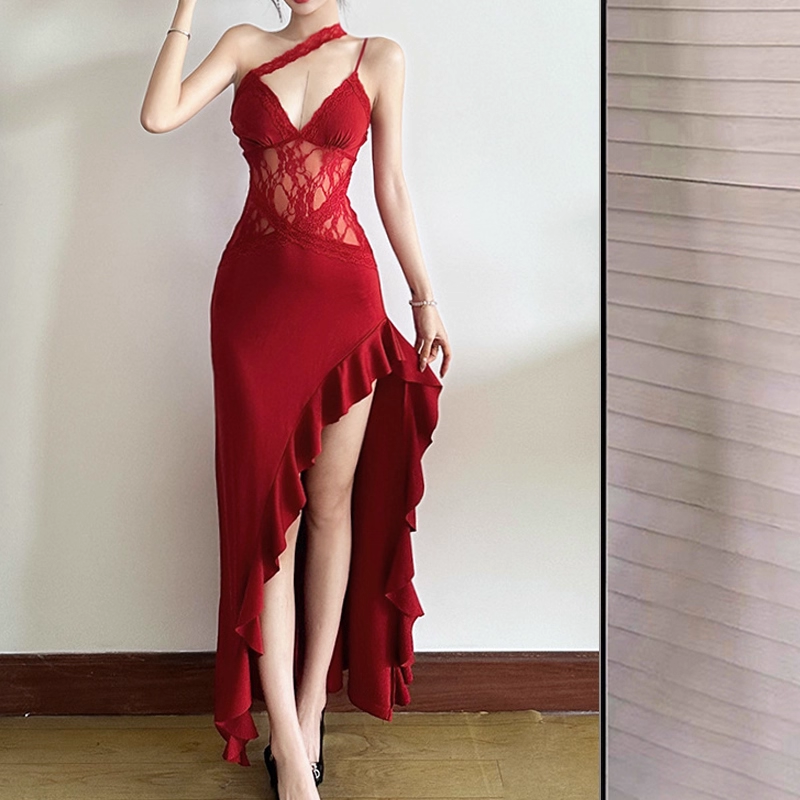 Sexy Spaghetti Straps Black Lace Slit Ruffle Party Dress Birthday Outfits YM2198