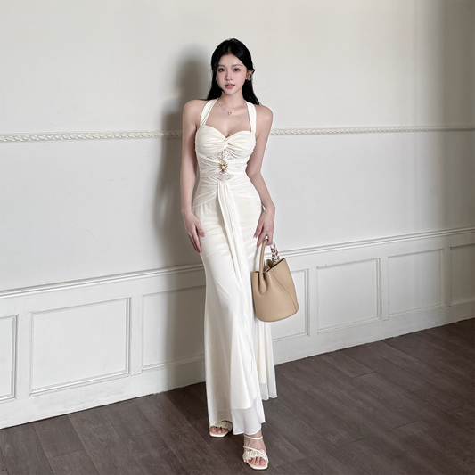 White Halter Neck Long Holiday Dress Sexy Lace Sheath Birthday Dress  YM2278