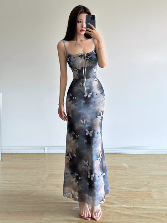 Women's retro butterfly smudged suspender dress YM1341