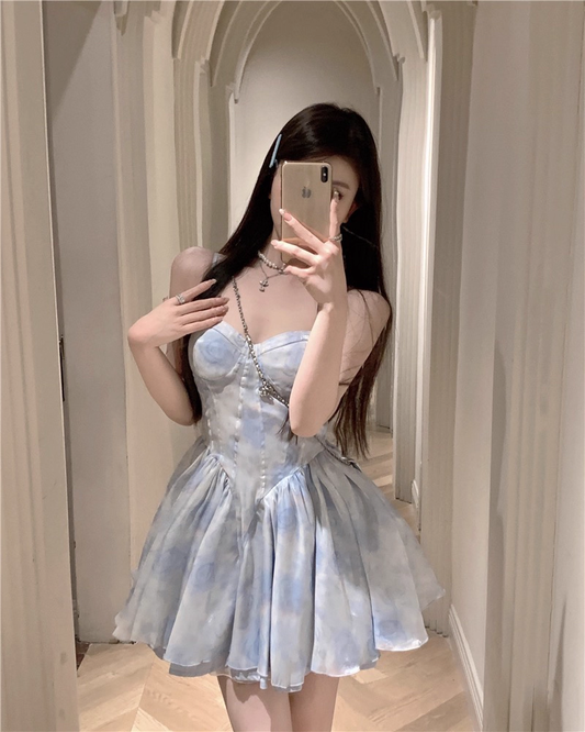 Classy Blue Straps Sweetheart Neck Short Birthday Dress Vacation Dress YM2179