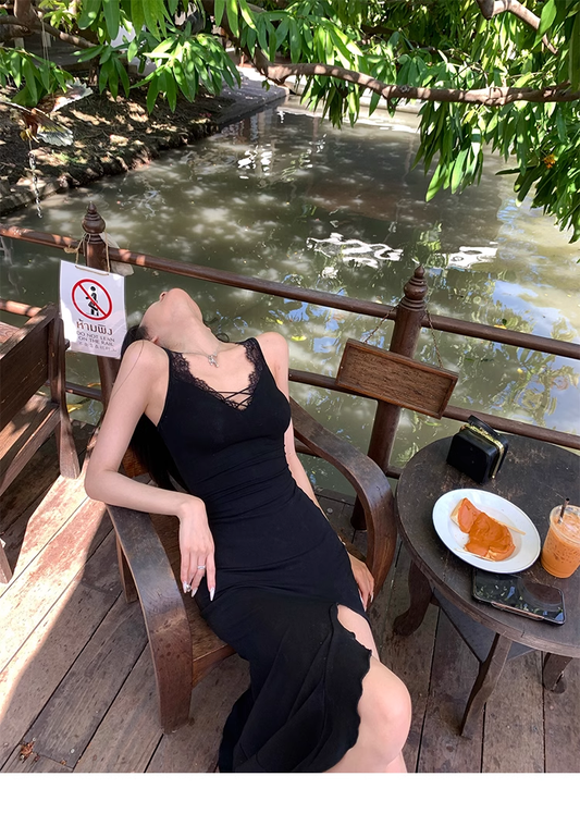 Black Lace Edging Mermaid Slit Evening Dress Sexy Party Prom Dress YM1986