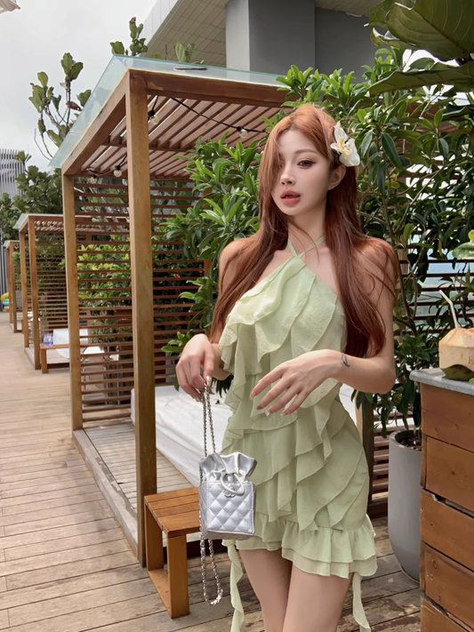 Mint Green Ruffle Chiffon Suspender Dress Summer Halter Neck Tube Vacation Dress YM2332