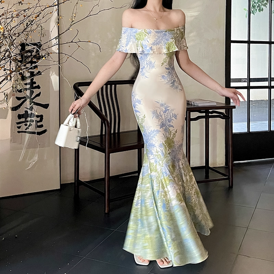 Green Sexy Off The Shoulder Strapless Birthday Dress Long Mermaid Party Dress YM2235