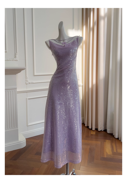 Sparkling Long Spaghetti Straps Purple Sequin Tulle Evening Dress Birthday Party Dress YM2119