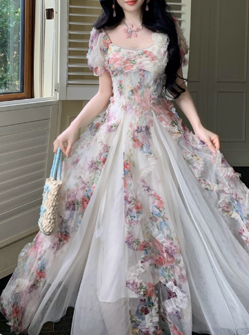Pink Romantic Retro Heavy-Duty Three-Dimensional Flower Tulle Stitching Holiday Dress Long Birthday Dress YM2361