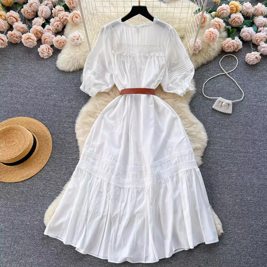 Puff sleeve hollow embroidery sweet summer dress for women,YM122