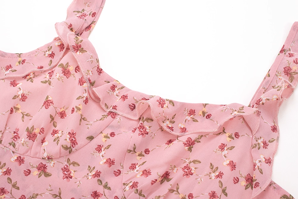 Beautiful Pink Floral Ruffles Long Holiday Dress Straps Vacation Dress YM2329