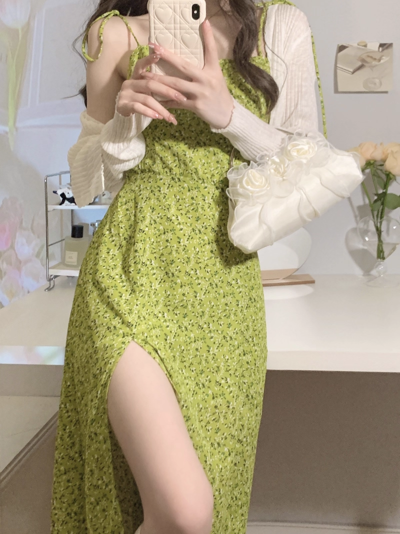 Green Suspender Holiday Dress Women's Summer New Seaside Floral Slit Vacation Dress YM2322