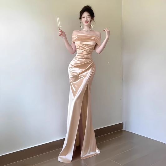 Classy Champagne Off The Shoulder Birthday Party Dress Satin Slit Long Holiday Dress YM2233
