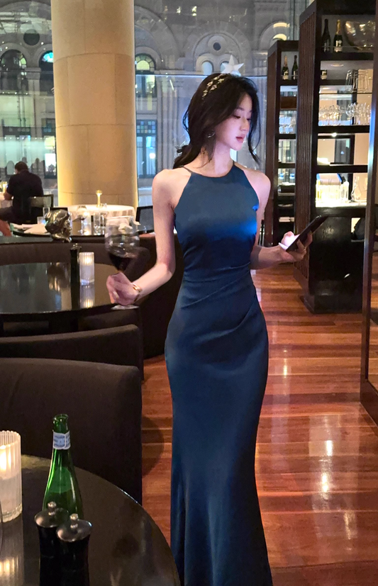 Sexy Navy Blue Satin Mermaid Long Prom Dress Birthday Outfits YM2064