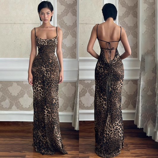 Sexy Suspender Vacation Dress New Style Strappy Large Backless Leopard Print Sheath Long Holiday Dress YM2229