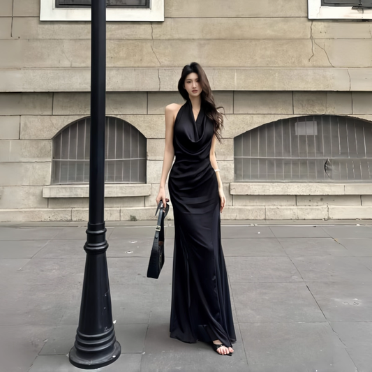 Elegant Halter Neck Black Long Birthday Dress Backless Holiday Dress YM2230