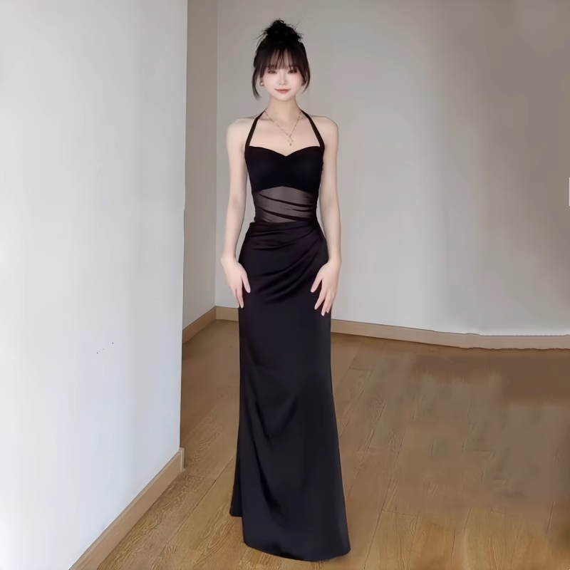 Black Sexy Halter Sheath Long Vacation Dress Holiday Dress YM2206