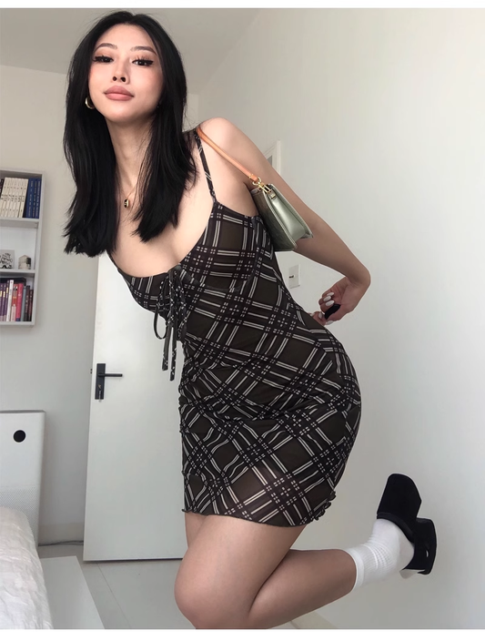 Retro dark green rhombus suspender dress YM1286