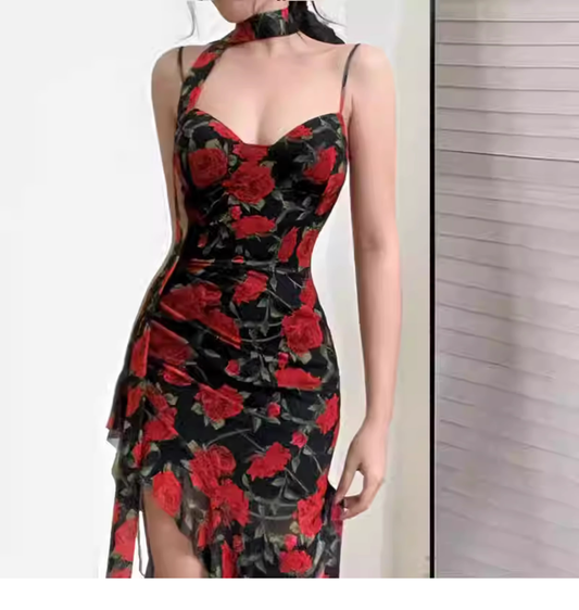 Romantic Red Print Holiday Straps Irregular Mermaid Backless Vacation Dress Party Dress YM2134