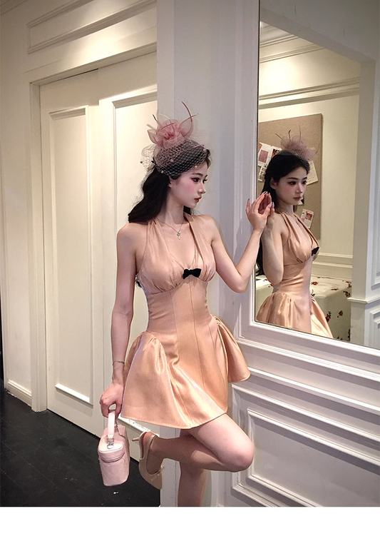 Orange Pink halter V Neck A Line Birthday Prom Dress Mini Party Dress YM2016