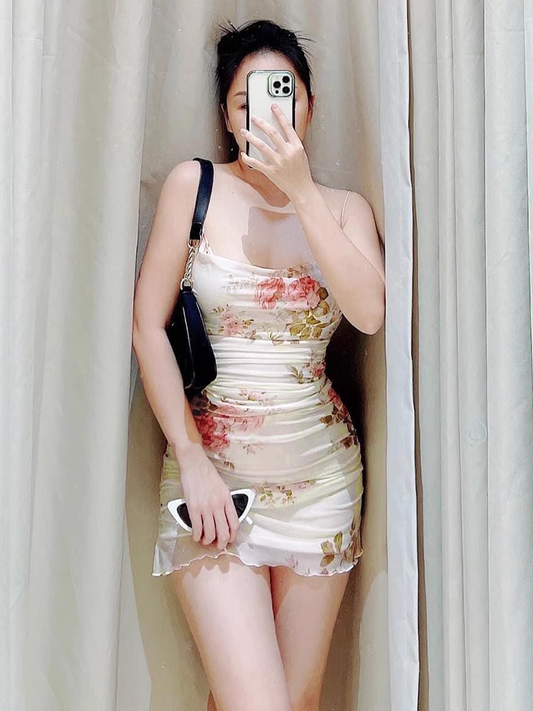 Summer floral mesh suspender dress YM739