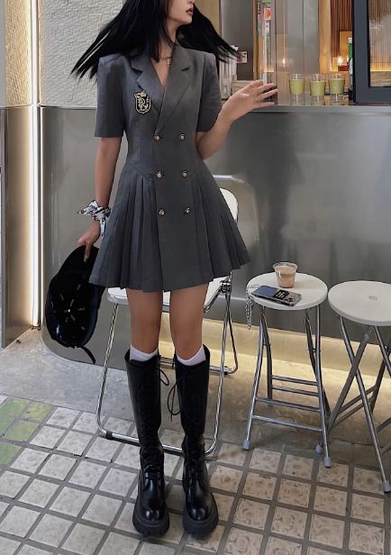 Preppy suit dress pleated dress YM1944