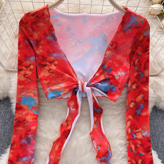 Floral trumpet sleeve top women's short section navel bag hip skirt two-piece suit summer YM400