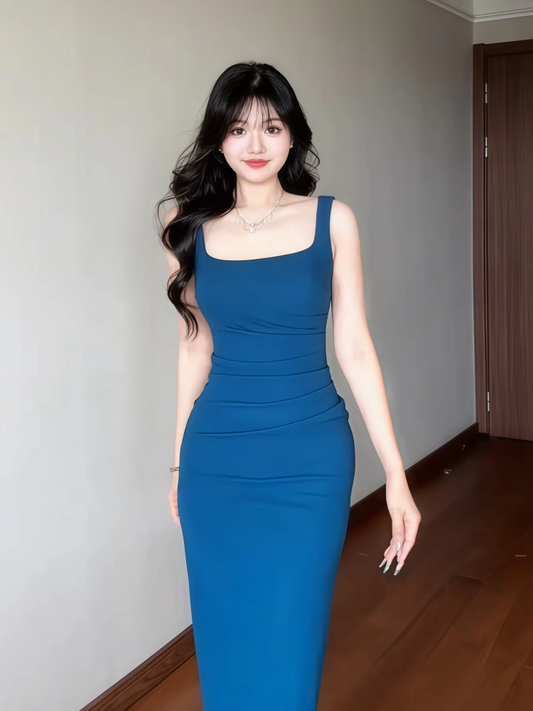 Pretty Square Blue Sheath Long Holiday Dress Vacation Dress YM2148