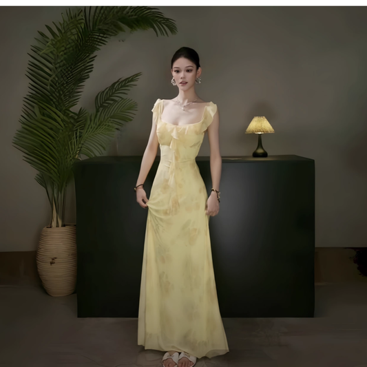 Elegant Yellow Ruffled Printed Women Dress Sheath Long Holiday Dress For Seaside YM2226