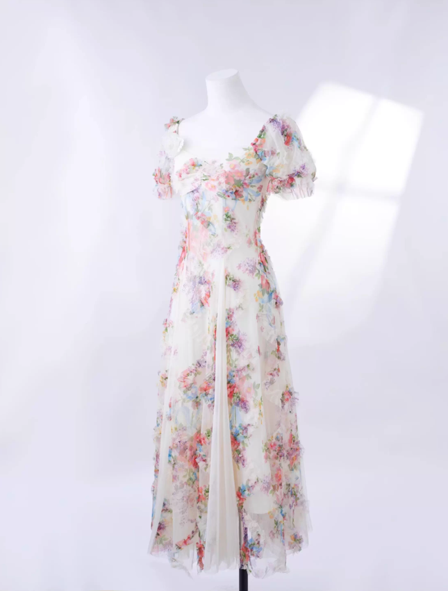 Pink Romantic Retro Heavy-Duty Three-Dimensional Flower Tulle Stitching Holiday Dress Long Birthday Dress YM2361