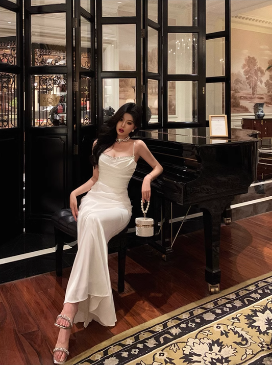 Elegant White Pleated Straps Mermaid Party Dress YM1666