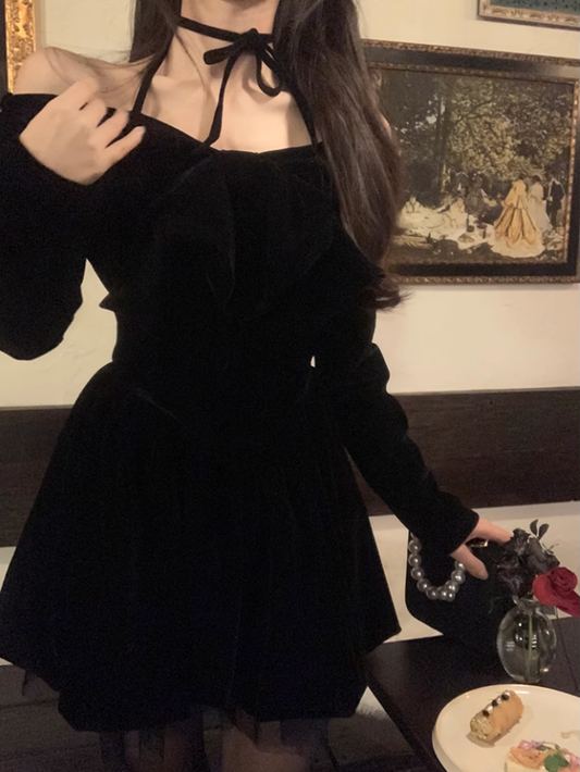 Cute Halter Black Velvet Short Dress Birthday Dress YM1742