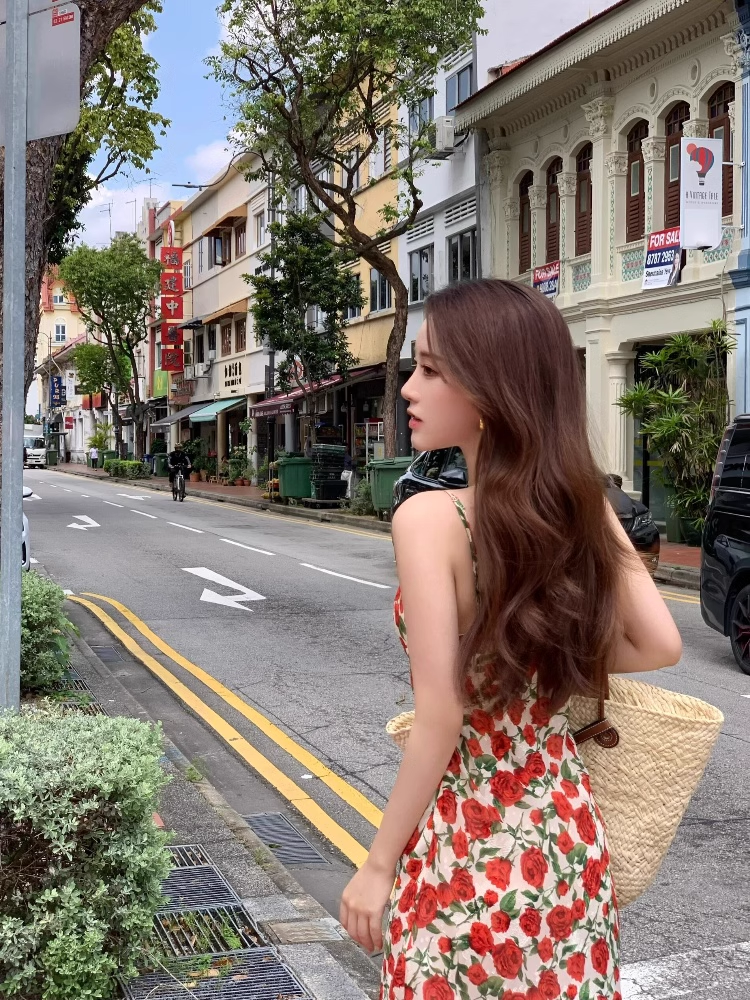 Rose Print Suspender Dress Retro Waist Square Neck Short Dress YM1714