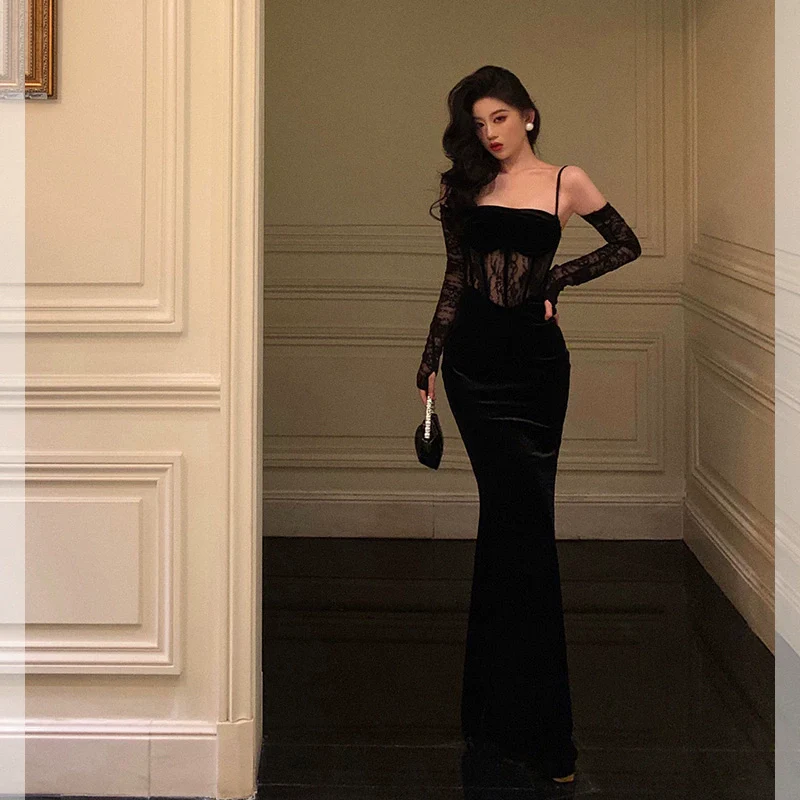 Sexy Lace Black Velvet Mermaid Prom Dress YM1589