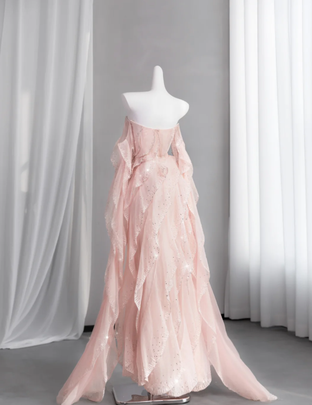 Girlish Blush Pink Chiffon Flowy Pleated Strapless A-Line Long Prom Dress Birthday Dress Ball Gown YM2695