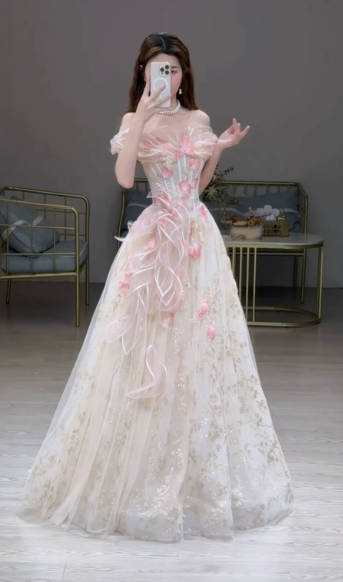 Charming White Tulle Applique Bateau A-Line Maxi Prom Dress Birthday Dress Ball Gown YM2700