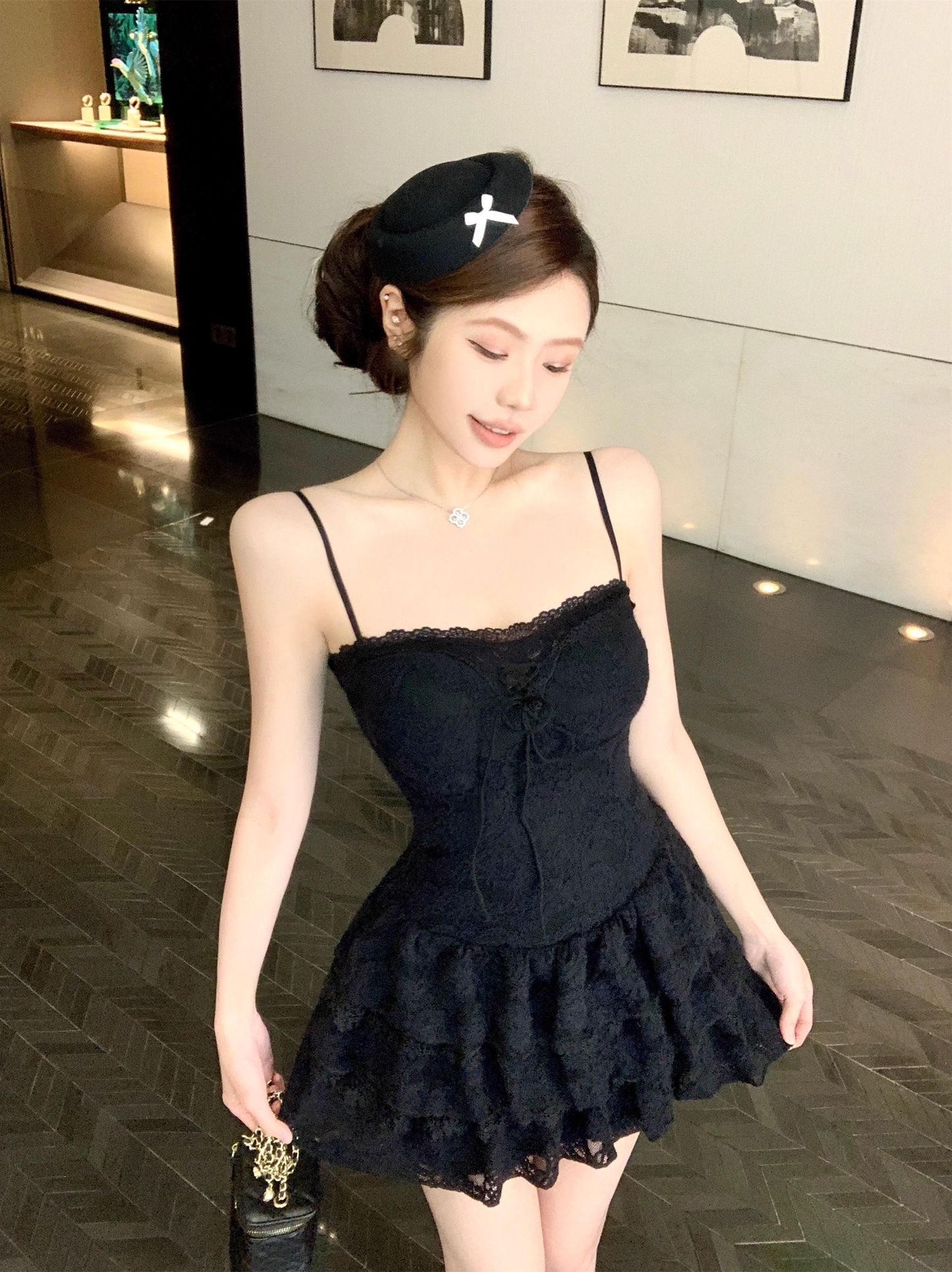 Black Sexy Lace Straps A Line Birthday Outfits Short Vacation Dress YM2190