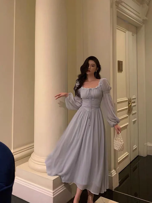 Charming Square Neckline Long Sleeves Chiffon Blue Prom Dress Birthday Party Outfit YM1726